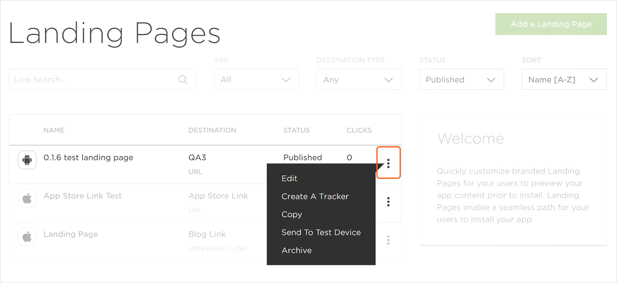 Published Landing Pages